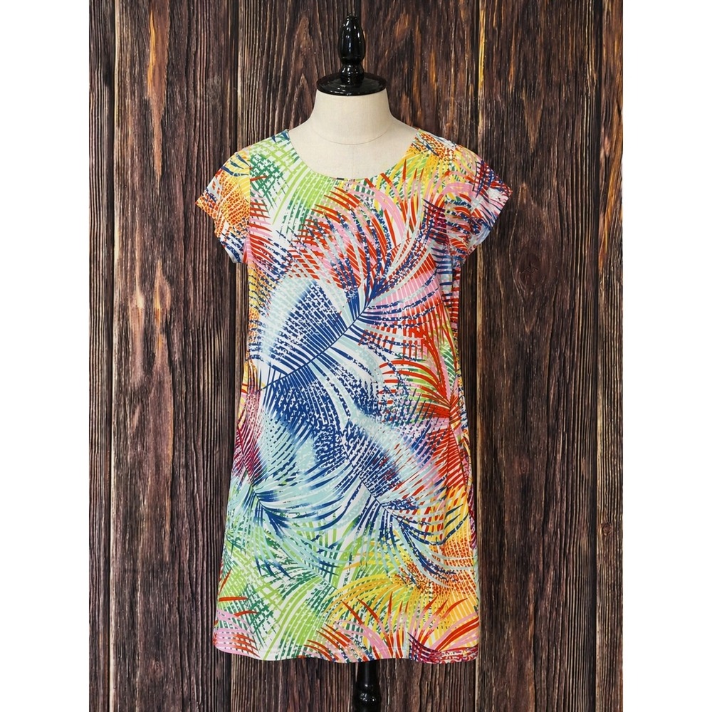 Pappagallo Dress Womens M Multi Color Tropical Palm Leaf Short Sleeve Shift